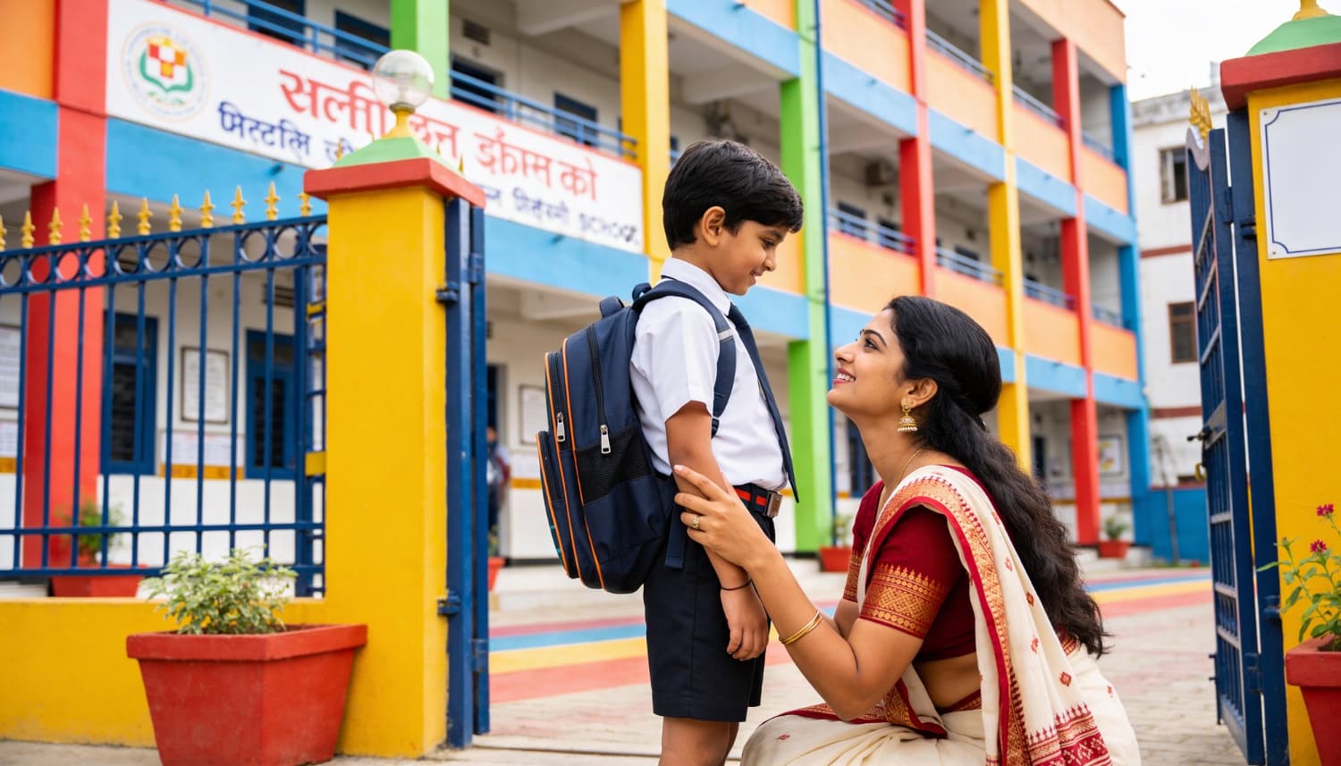 The exterior of a bright, welcoming Indian school building, with a parent and student at the gate