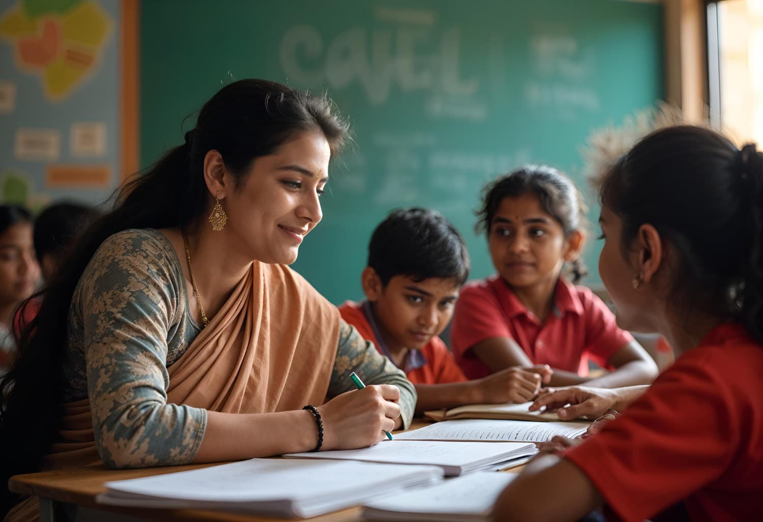 A teacher in a classroom, holding a phone, marking attendance